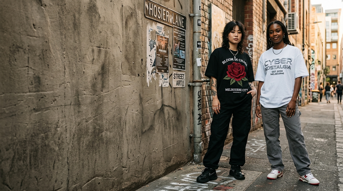 Eucalyra oversized graphic t-shirts worn in a city laneway