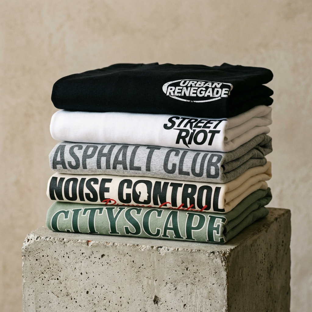 Stack of folded Eucalyra oversized graphic t-shirts